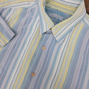 Tommy Bahama Men's Camp Button Up Shirt Blue Green Striped‎ Retro 100% Silk XL